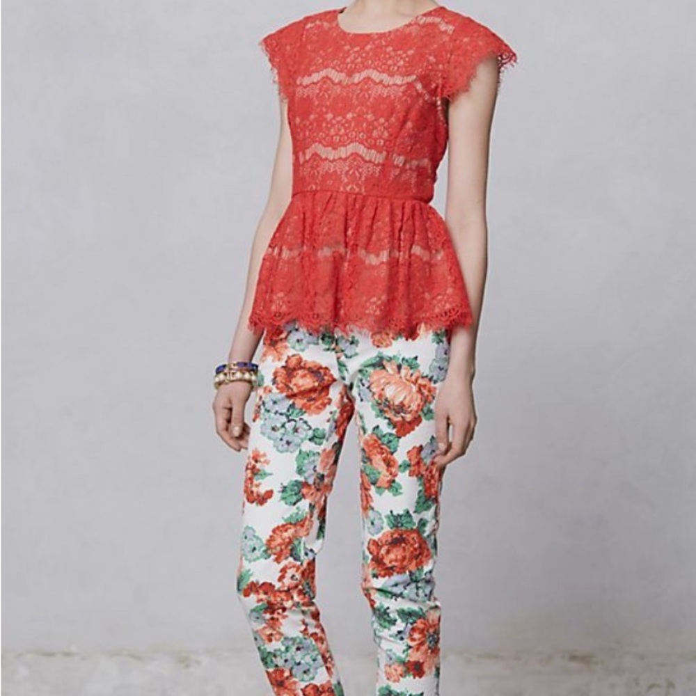 Maeve Anthropologie Katrine Orange Lace Cap Sleeve Peplum Top Blouse Size Medium